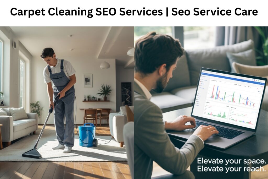 Man cleaning carpet in living room and marketer analyzing SEO data on laptop — Carpet Cleaning SEO Services by Seo Service Care.