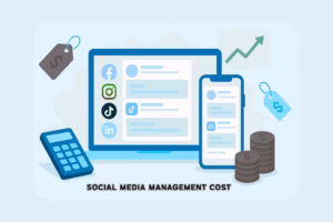 Illustration of social media management cost concept showing analytics charts, graphs, and social media platform icons like Facebook, Instagram, TikTok, LinkedIn, and Twitter, representing pricing and strategy in 2025.