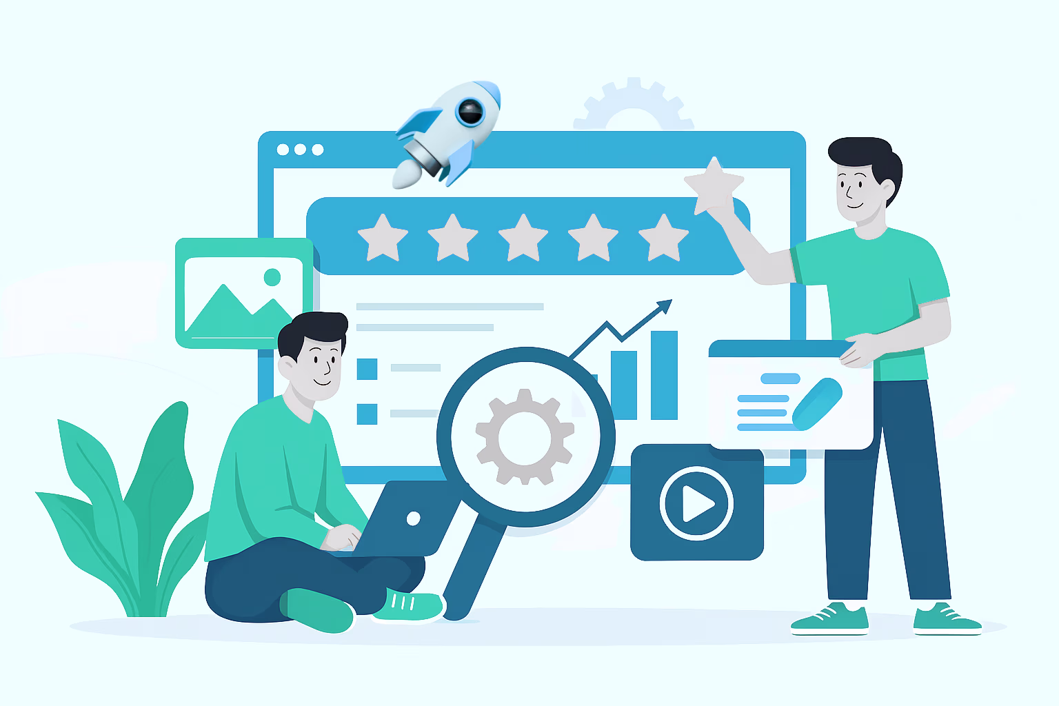 Two people analyzing website performance with charts, ratings, and a gear icon, symbolizing digital marketing, and white lable SEO.