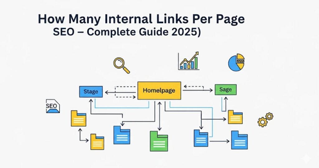 Infographic showing internal linking strategy for SEO, with website pages connected by arrows, sitemap flow, and icons representing on-page SEO, technical SEO, and content optimization