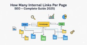 Infographic showing internal linking strategy for SEO, with website pages connected by arrows, sitemap flow, and icons representing on-page SEO, technical SEO, and content optimization