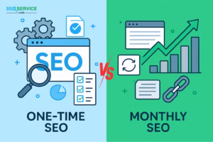 Comparison of One-Time SEO vs Monthly SEO showing single website optimization versus ongoing growth strategy, with icons for audits, content updates, backlinks, and analytics, in #09B1EC and #00A550 colors (seo service care).