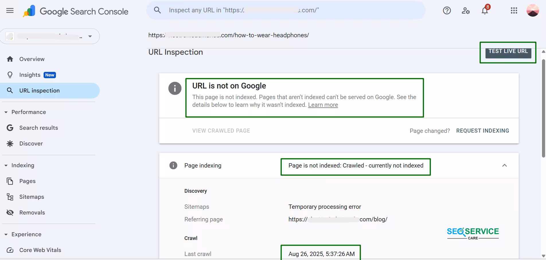 Using the URL Inspection tool in GSC to identify the root cause of an indexing issue.