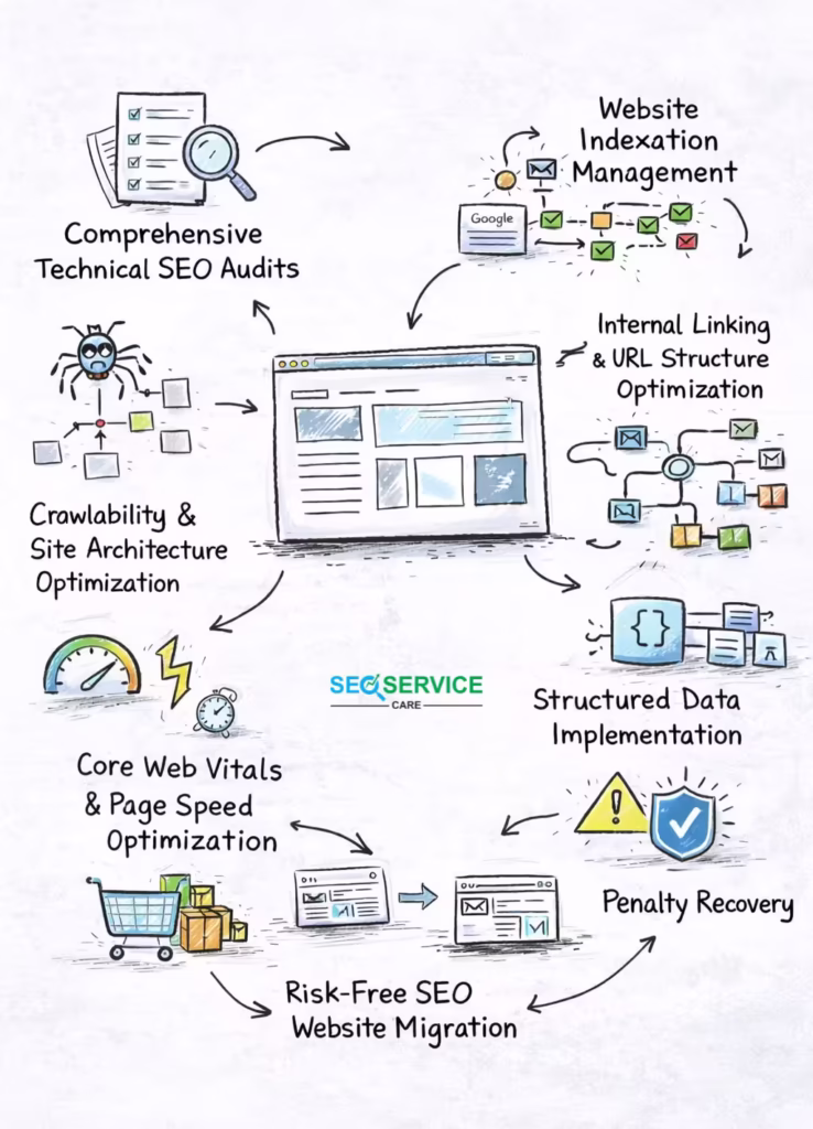 Step-by-step technical SEO capabilitie process illustration showing audits, crawlability, indexation management, internal linking, Core Web Vitals optimization, structured data, e-commerce SEO, penalty recovery, and SEO-safe website migration.